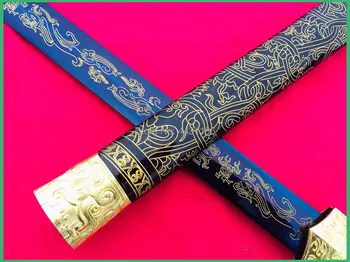 Metalo Rankenos Kinų KungFu Kardas WuShu Han Jian Mėlyna Didelis Anglies Plieno, Paauksuota Dragon Blade