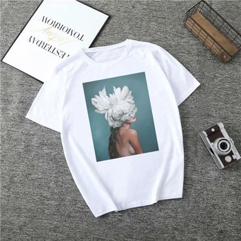 Moterų Drabužiai 2019 Seksualus Plunksnų Gėlių Spausdinti Estetinės Viršuje Gotikos Harajuku korėjos Stiliaus Moteris Vintage White T-shirt 1391