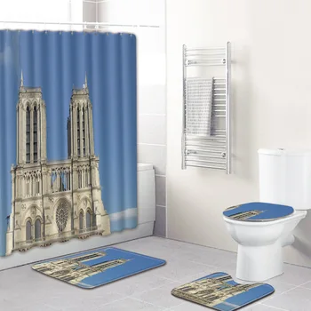 Notre Dame katedra spausdinti 4pcs Vonios kambario Grindų Kilimėlis Rinkiniai Dušo Užuolaidos + Vonios Kilimėlis + Kontūras Kilimas + Tualeto Dangčio Padengti Kilimas 8025