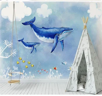 Pritaikytas didelių tapetai, 3D freskos ranka-dažytos animacinių filmų dugno dangaus banginis vaikų vidaus apdaila, wallcovering
