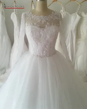 Reljefiniai Sijonas Long Sleeve Lace Appliques Vestuvių Suknelės Su Crystal Diržas