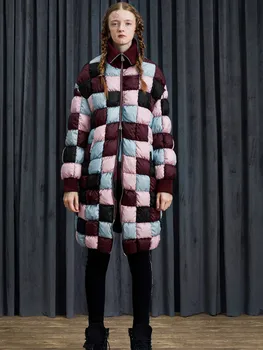 Rudenį Originalaus Dizaino Žiemos Moterų Atsitiktinis Palaidų Puffer Jacket Spalvingas Pledas, Šviesos, Šiltų Slim Vidutinio Ilgio Kailis Į Apačią