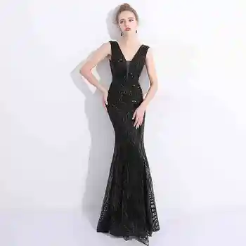 Solovedress 2018 Audinio Sexy V kaklo China Ilgą vakarinę Suknelę Undinė Juoda moterų Vakare Gown vestido de fiesta SLD-SLP9001