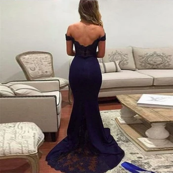 Tamsiai Mėlynas Vakaro Suknelės Nuo Peties Mermaid Stiliaus Appliques Oficialų Šalis Suknelės Valymo Traukinio 2019 Karšto Pardavimo Vakare Gown 8219