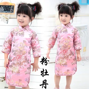 Tango kostiumas cheongsam mergaičių suknelė 2-12 metų amžiaus kūdikių drabužiai, suknelės vaikams iki 2018 m. vasaros klasikinio stiliaus princesė medvilnės pigūs naujas