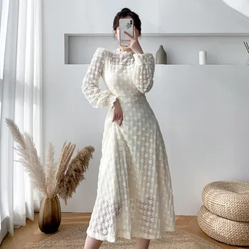 Vientisas Korėjos Stiliaus 2020 Naują Pavasario Rudens Elegantiškas Moterų Suknelė, O Kaklas Vidutinio Ilgio Paminkštinta Suknelė Nėrinių Sijonas Su Vakarų Suknelės 1185