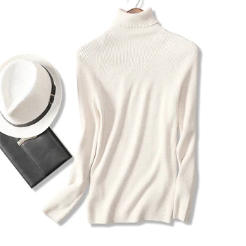 Ypatingų kašmyro vilnos, medvilnės mišinys moterų pagrindinis megztinis megztinis aukštos apykaklės smėlio spalvos balta 6colors vieną&daugiau dydis